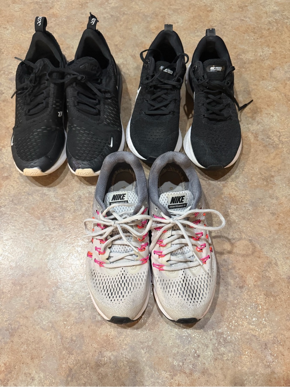 3 pair of women’s Nike running shoes. All size 7.5